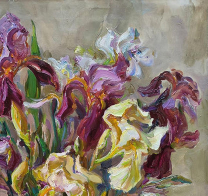 Vibrant oil painting of iris bouquet by Leonid Pavlenko in purples and yellows