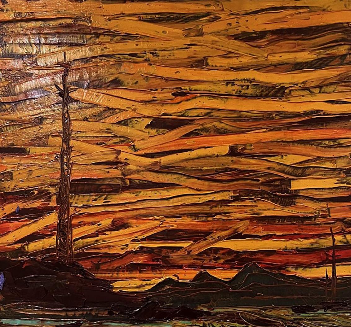 Oil painting Reflexo by Serhiy Kovalev: solitary tree in dramatic orange sky