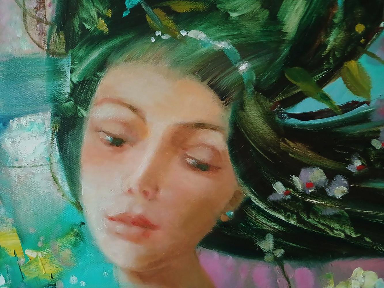Soft-focus portrait of dreaming girl with leaves and flowers by Anatoly Tarabanov