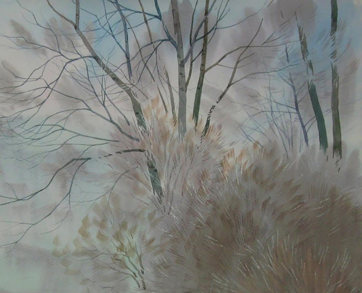 Watercolor painting Before spring by Valery Savenets, bare trees and grasses