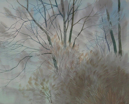 Watercolor painting Before spring by Valery Savenets, bare trees and grasses