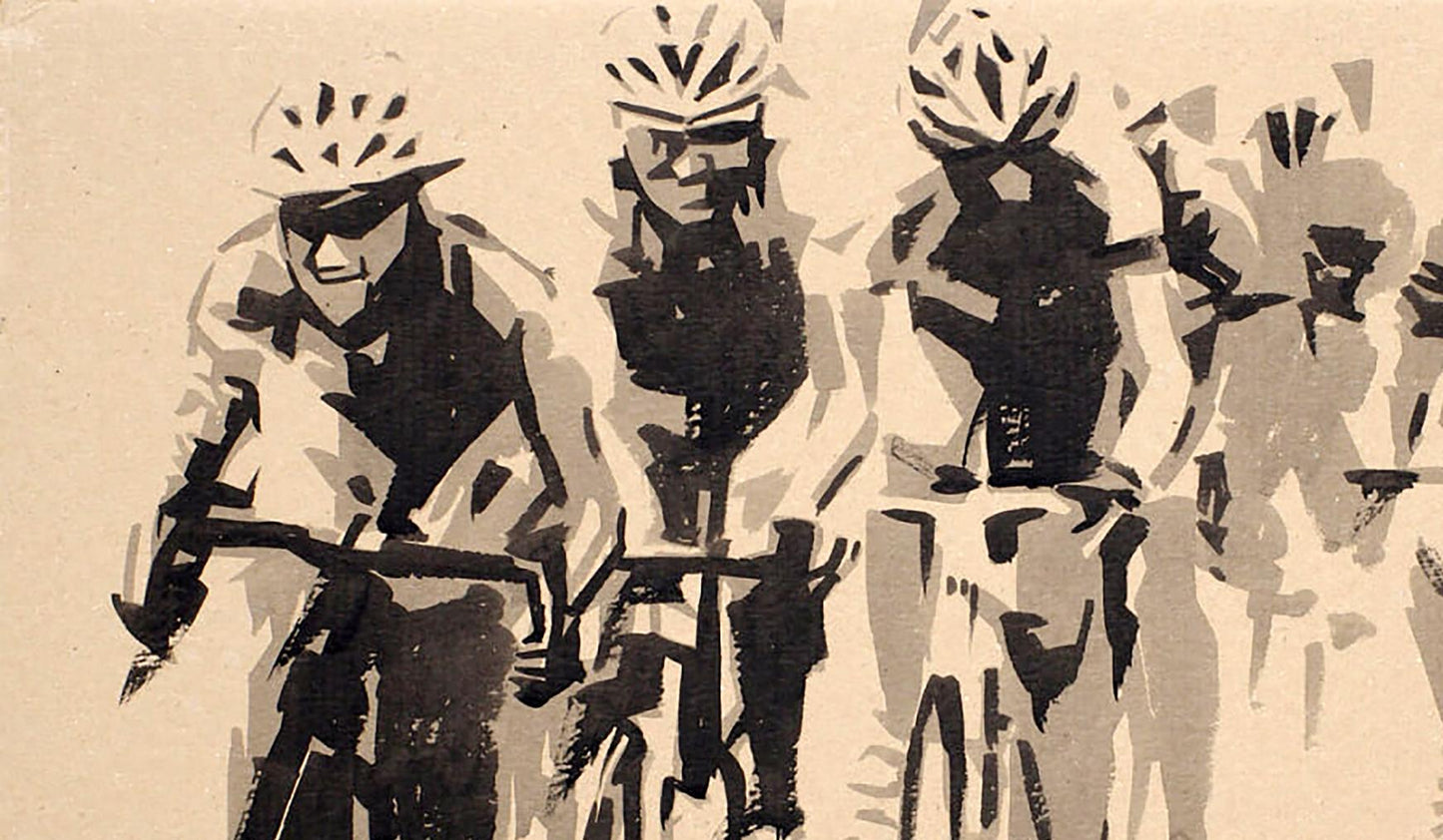 Stylized black and white cyclists in helmets from Dima Filatov watercolor painting