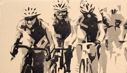 Stylized black and white cyclists in helmets from Dima Filatov watercolor painting