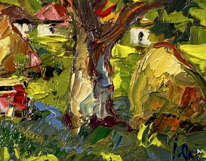 Vibrant oil painting of village yard apiary tree by Oksana Ivanyuk