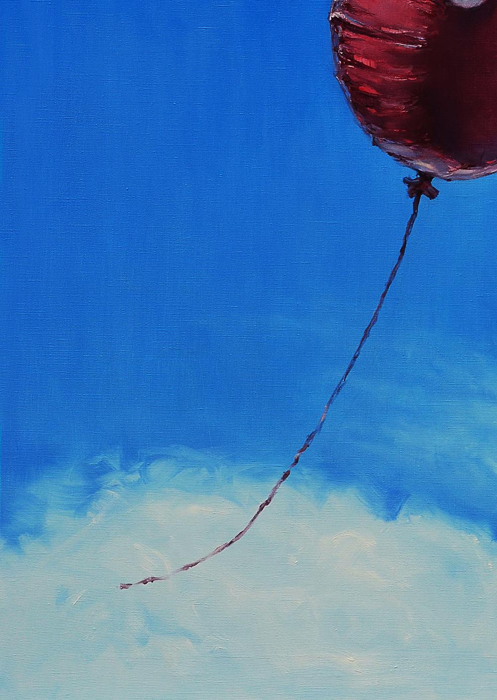 Glossy red hot air balloon by Oleg Kateryniuk floats in blue sky with clouds