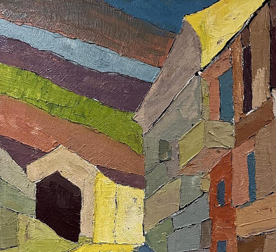Vibrant oil painting Rising Up by Serhiy Kovalev with striped buildings
