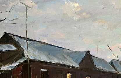 Oil painting Snowy street by Volodymyr Pashchenko: snow-dusted roof