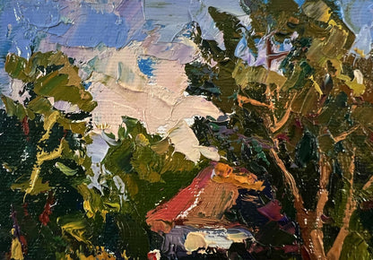 Oil painting Street in the village by Oksana Ivanyuk with green foliage and red roof