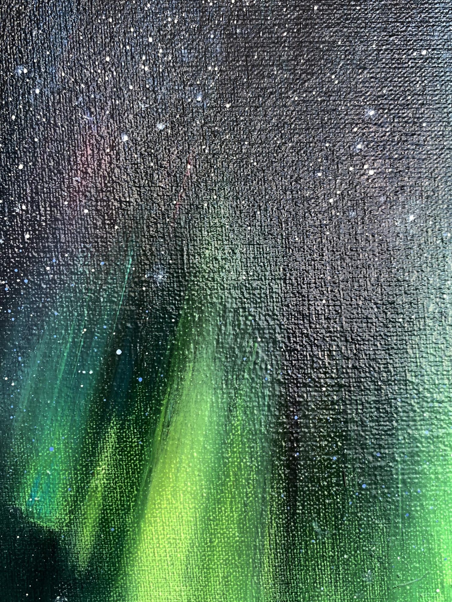 Vibrant green Northern Lights oil painting by Tatyana Derdey on textured canvas