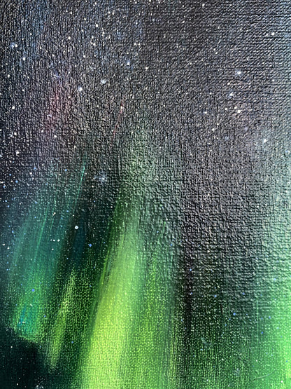 Vibrant green Northern Lights oil painting by Tatyana Derdey on textured canvas