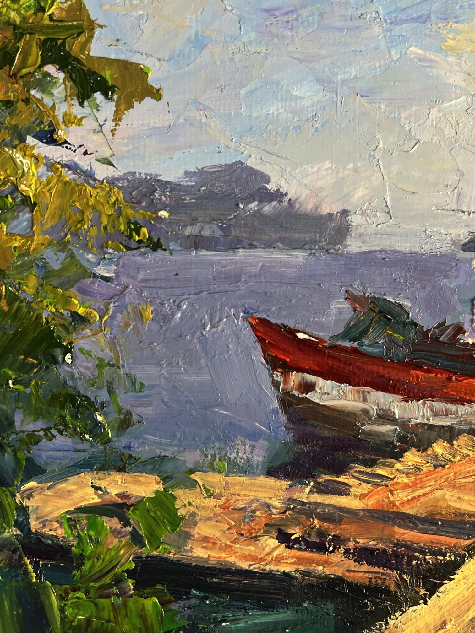 Oil painting Departure by river ferry by Boris Serdyuk: red rowboat on sunlit shore