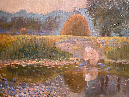 Oil painting The last ray by Maya Zaretskaya with golden hay bales