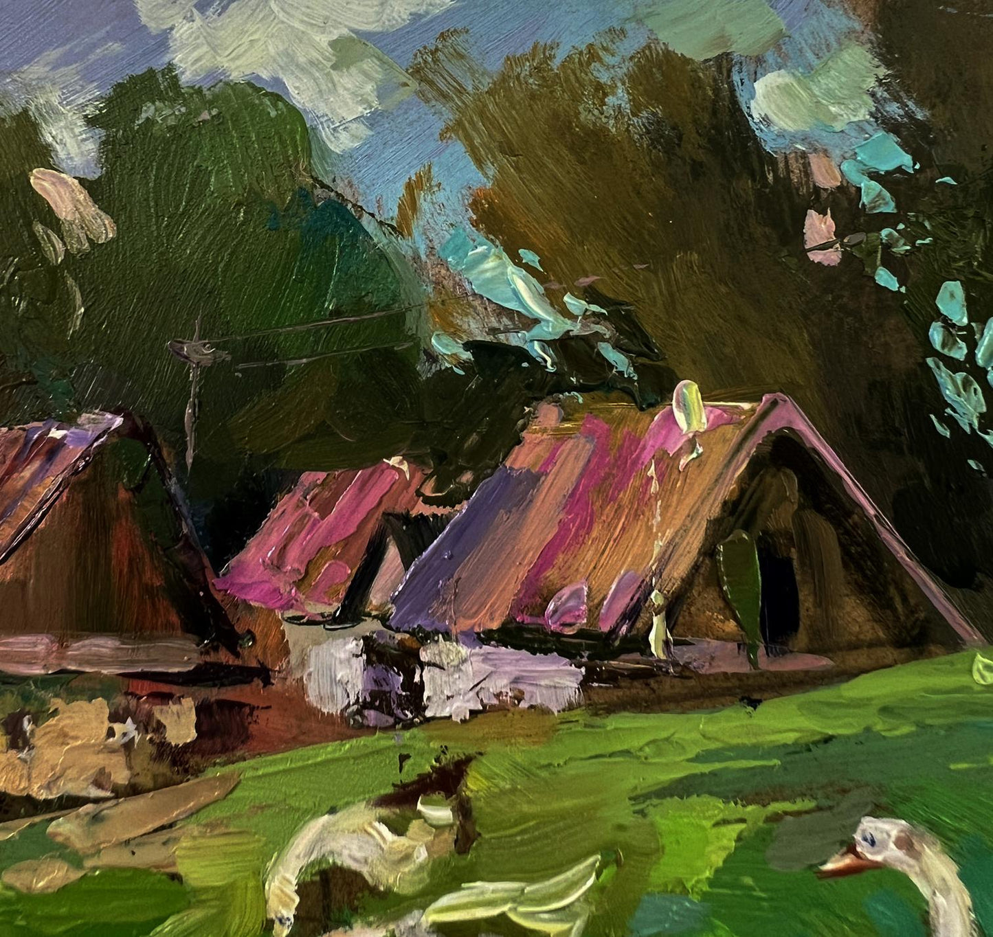 Vibrant oil painting of geese by Yuriy Suprunchuk: rustic village cottage with pink purple roof and ducks