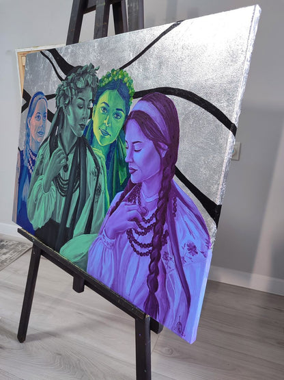 Oil painting portrait of four girls by Oksana Sklym on vibrant canvas