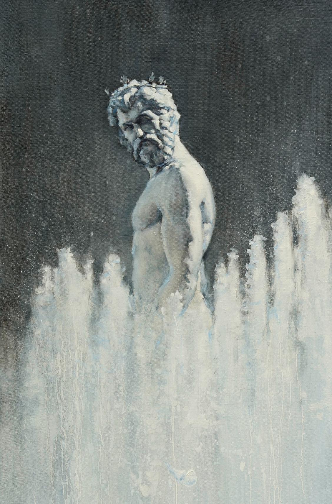 Monochromatic oil painting of Neptuno by Oleg Kateryniuk emerging from waves