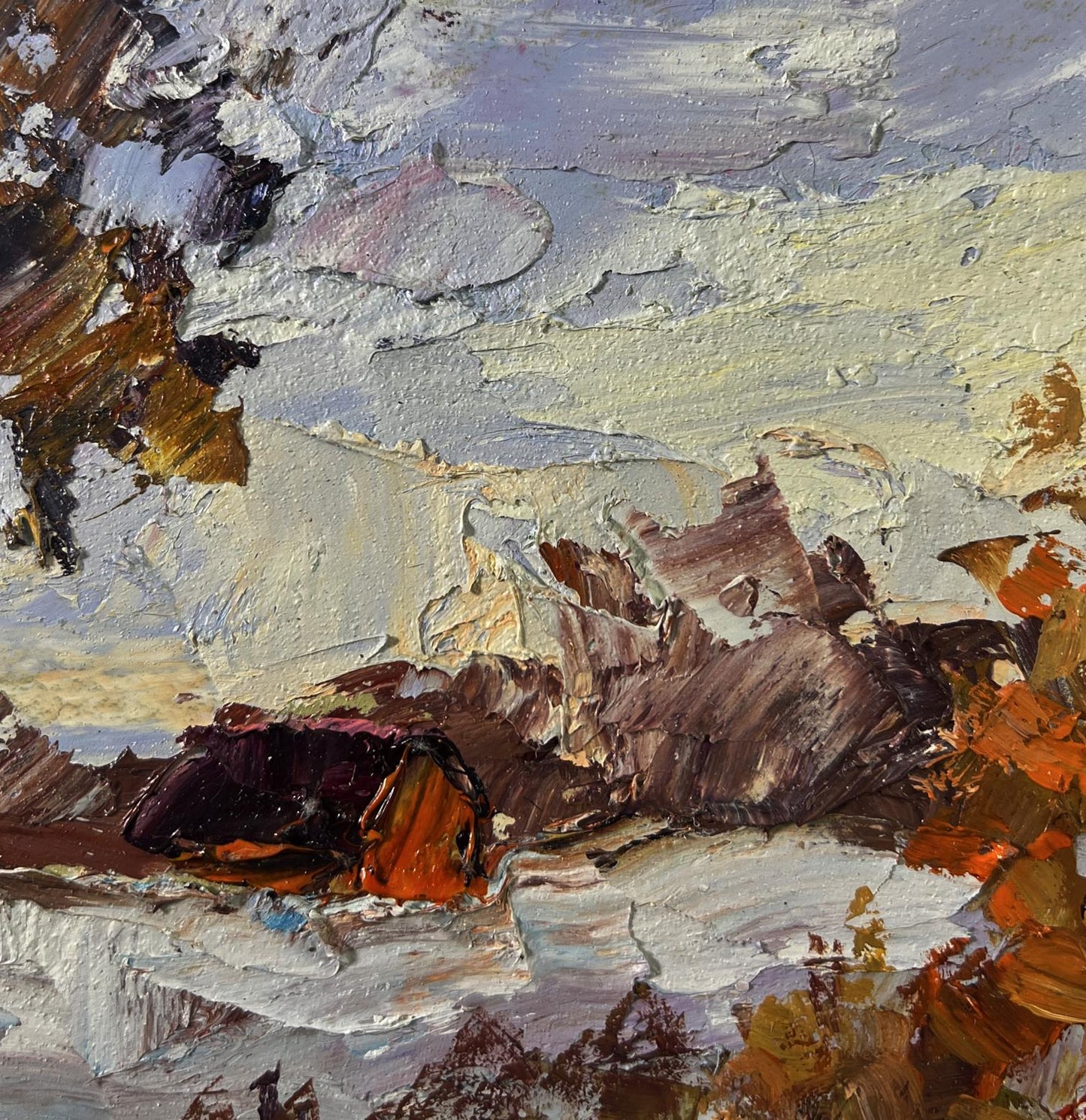 Textured oil painting of snowy forest road by Boris Serdyuk