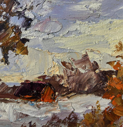 Textured oil painting of snowy forest road by Boris Serdyuk