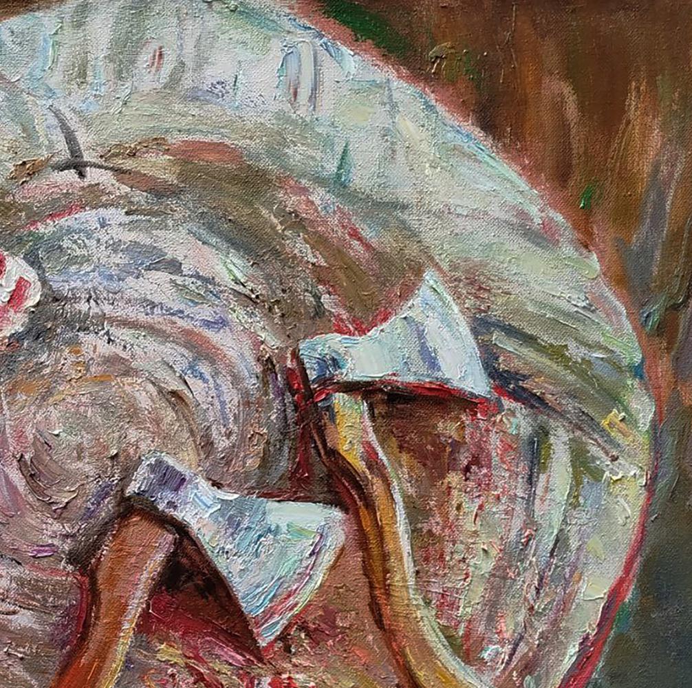Textured impressionistic oil painting of white gray handled ceramic bowl by Leonid Pavlenko