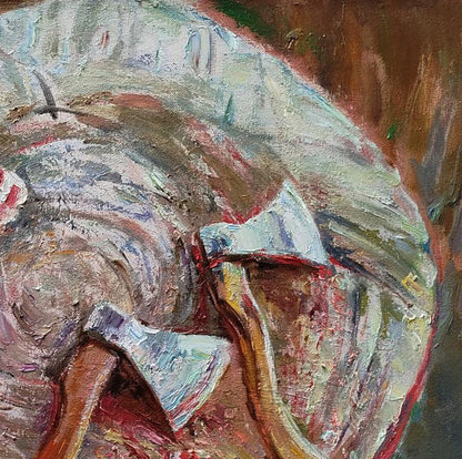 Textured impressionistic oil painting of white gray handled ceramic bowl by Leonid Pavlenko