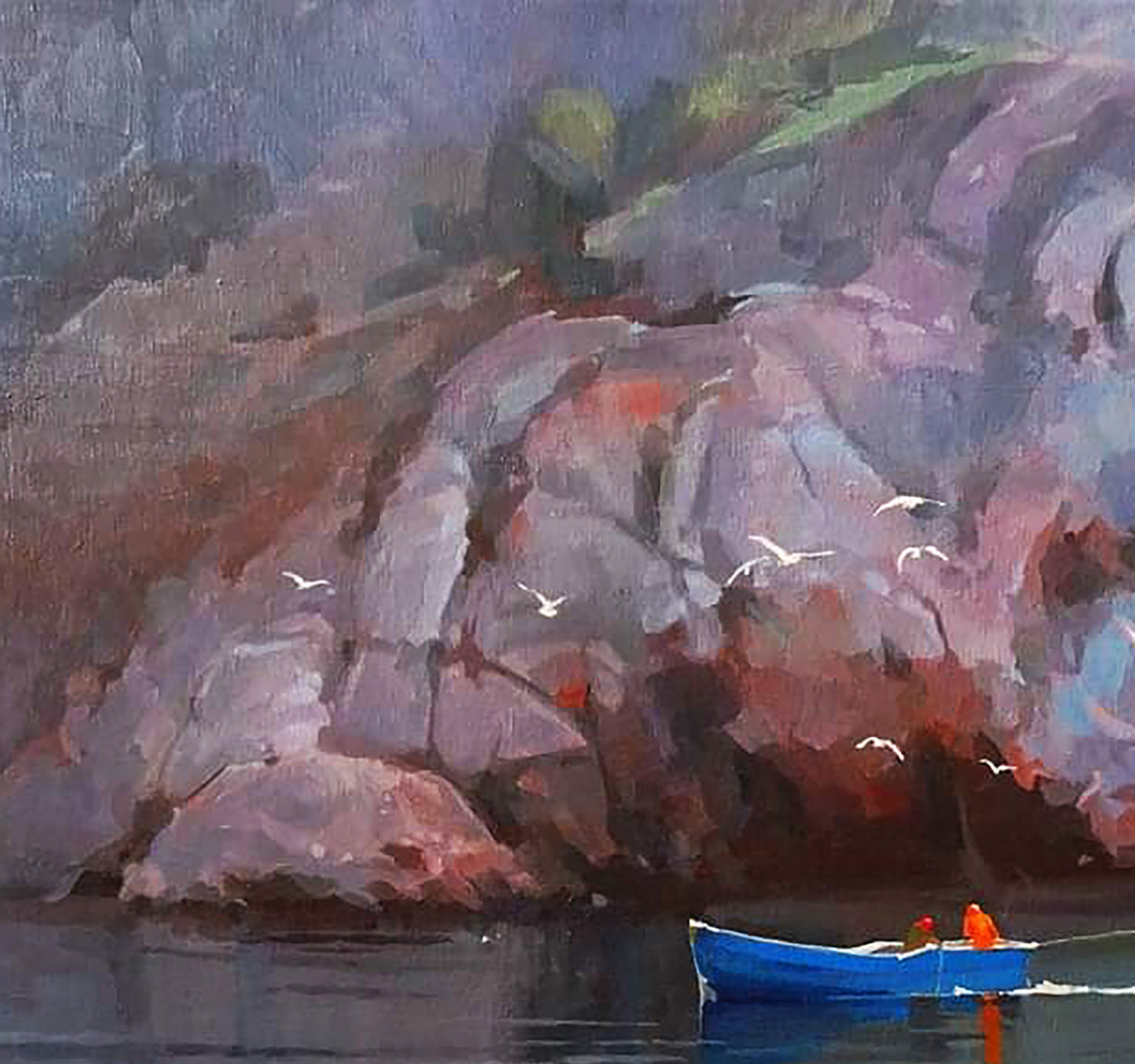 Oil painting Morning at sea by Anastasia Yaroshevich: blue rowboat on calm water