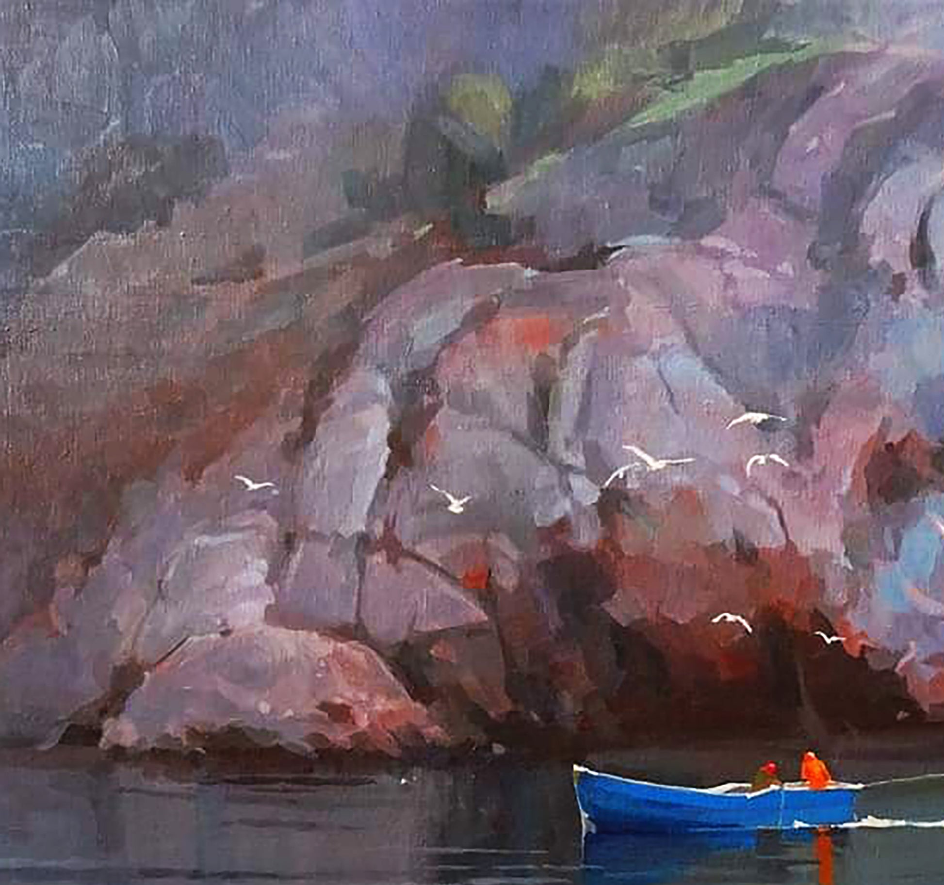Oil painting Morning at sea by Anastasia Yaroshevich: blue rowboat on calm water