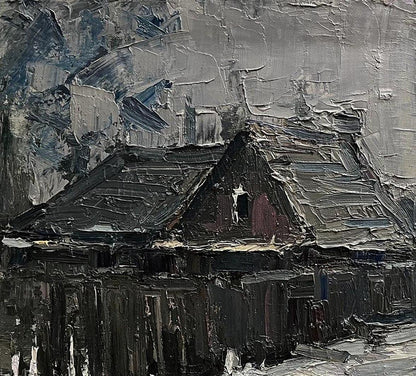 Textured impressionistic oil painting of dark-roofed house on village lane by Volodymyr Pashchenko