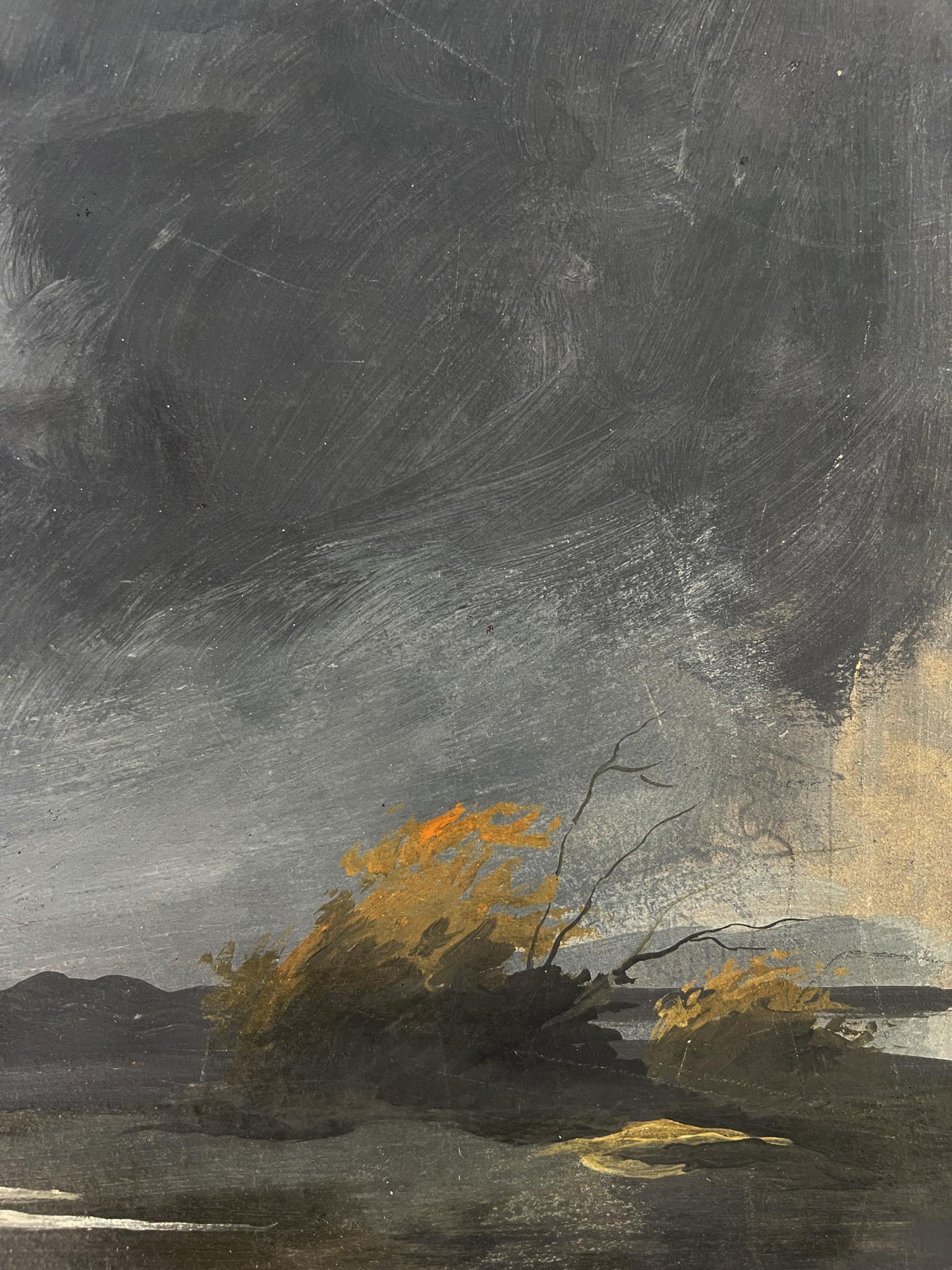 Moody oil painting by Oleg Litvinov: orange bush in stormy sky
