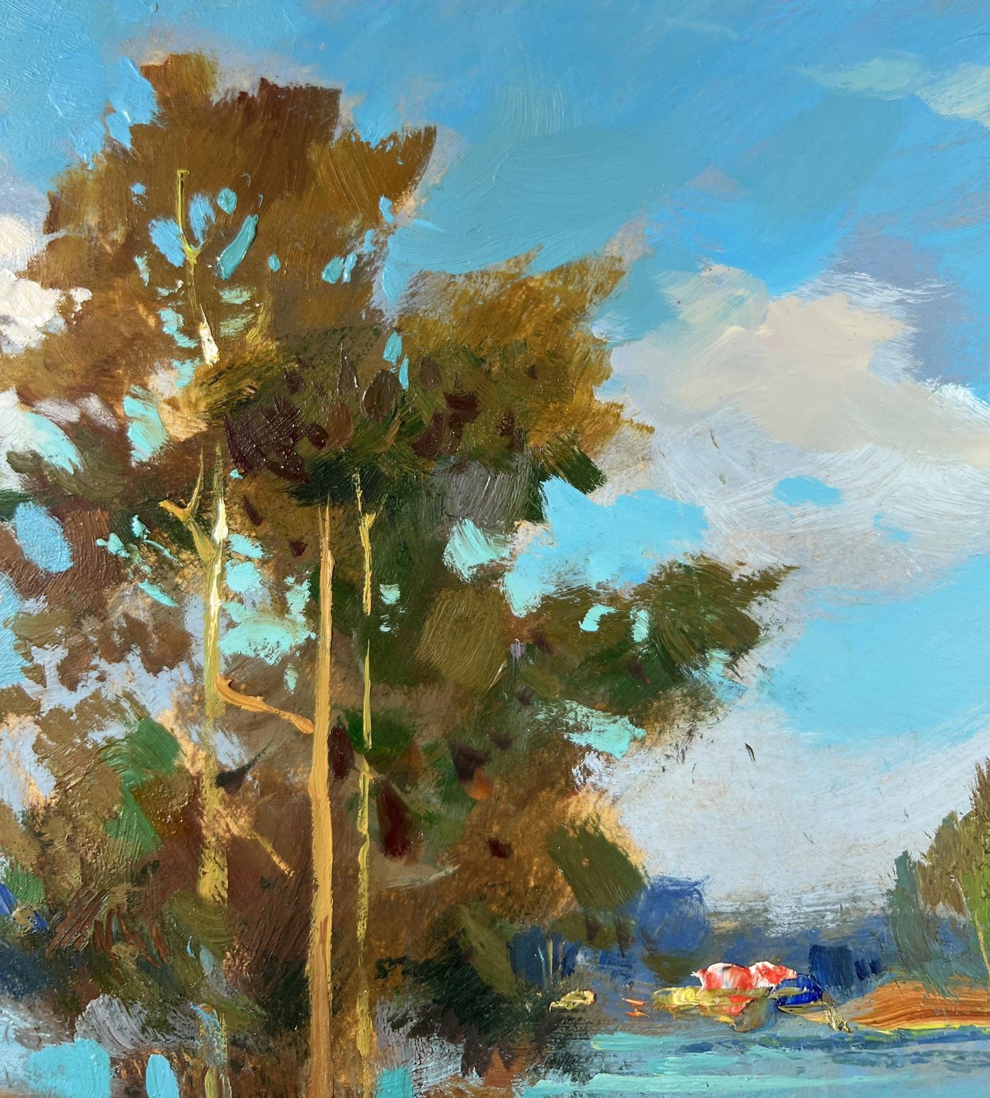 Vibrant impressionistic oil painting of tall tree by Yuriy Suprunchuk