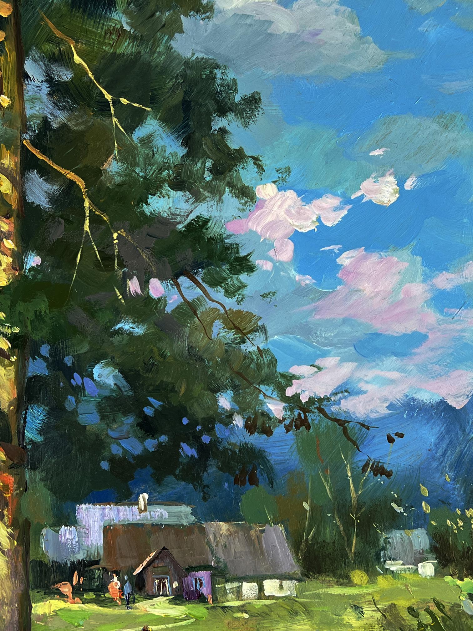 Oil painting of swamps near village by Yuriy Suprunchuk, thatched cottage under blue sky