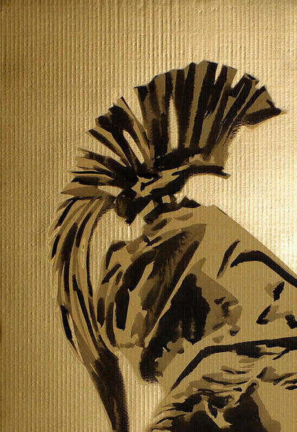 Stylized black and gold rooster by Athena Dima Filatov acrylic painting