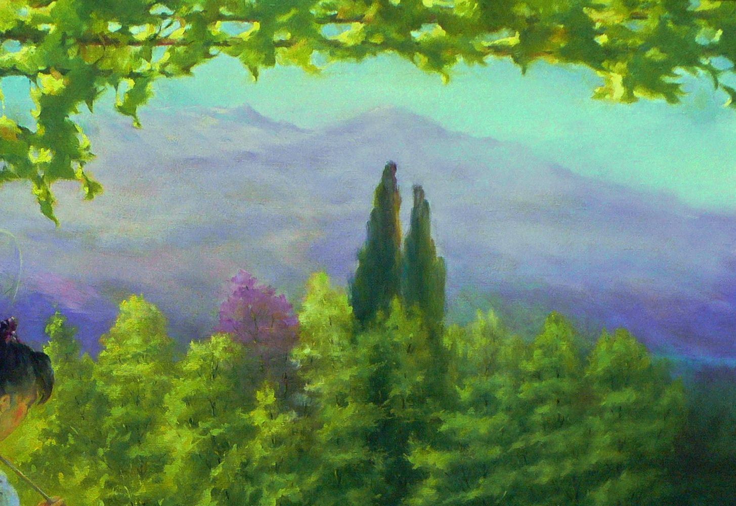 Vibrant oil painting Holidays in the mountains by Vasily Korkishko with cypress trees