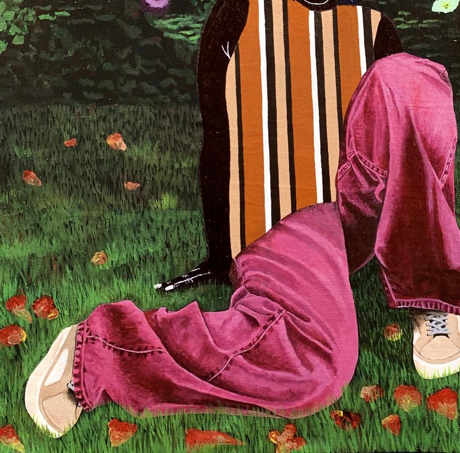 Acrylic painting of person in orange black top magenta pants among petals grass