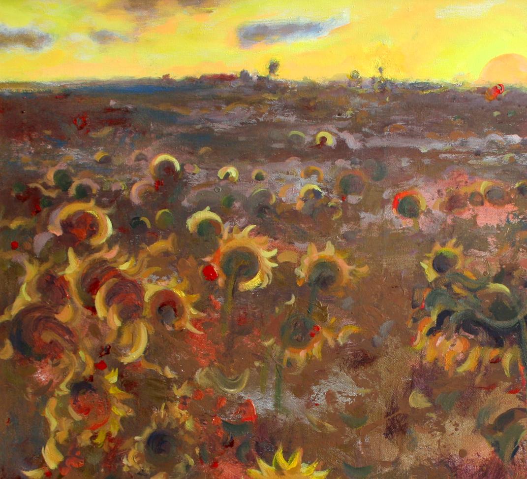Vibrant impressionistic sunflower field painting by Leonid Pavlenko at sunset