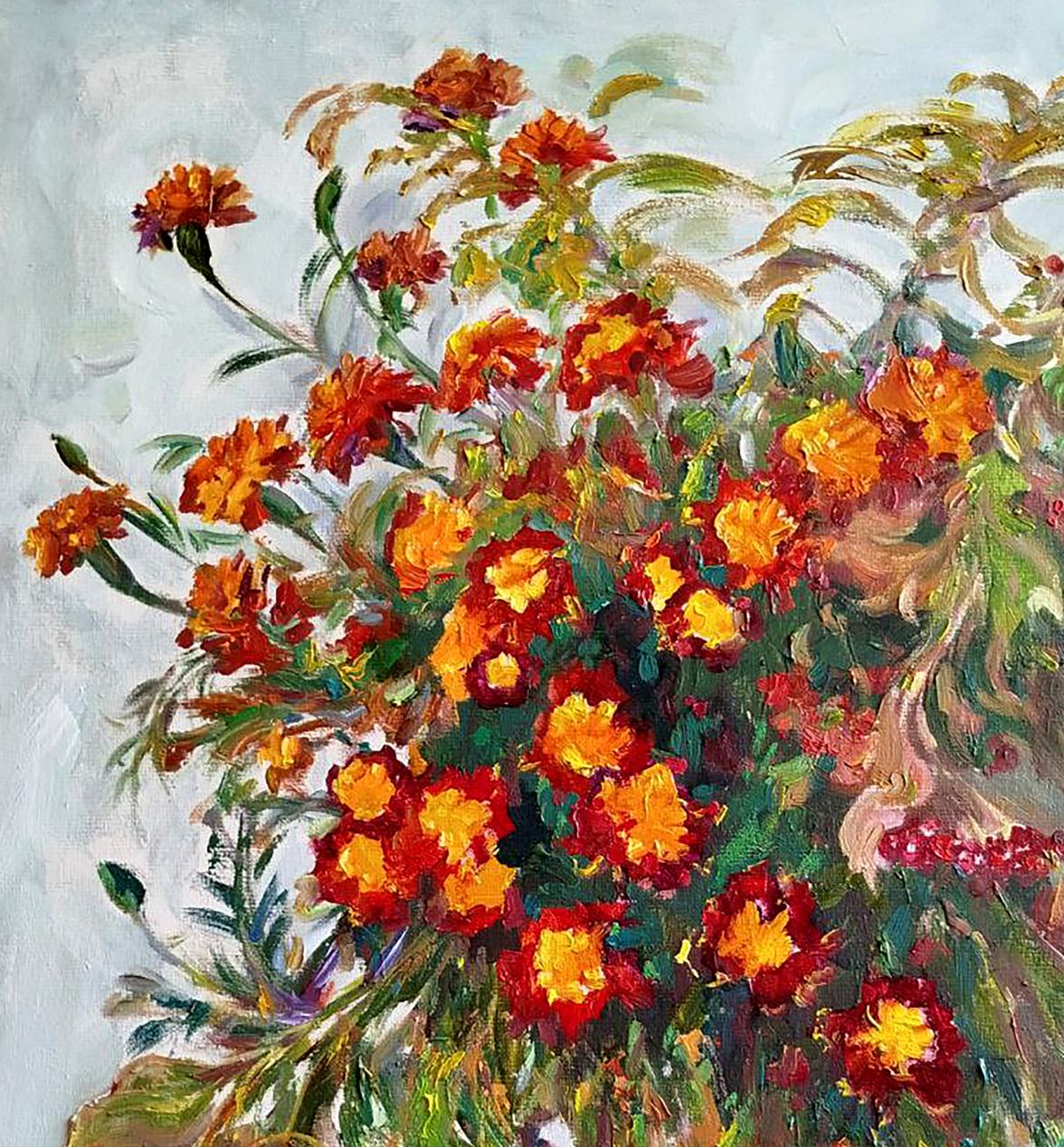 Oil painting of vibrant orange yellow marigolds by Leonid Pavlenko