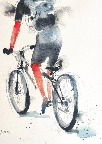 Watercolor painting Cyclist on the Road Olena Klimenko