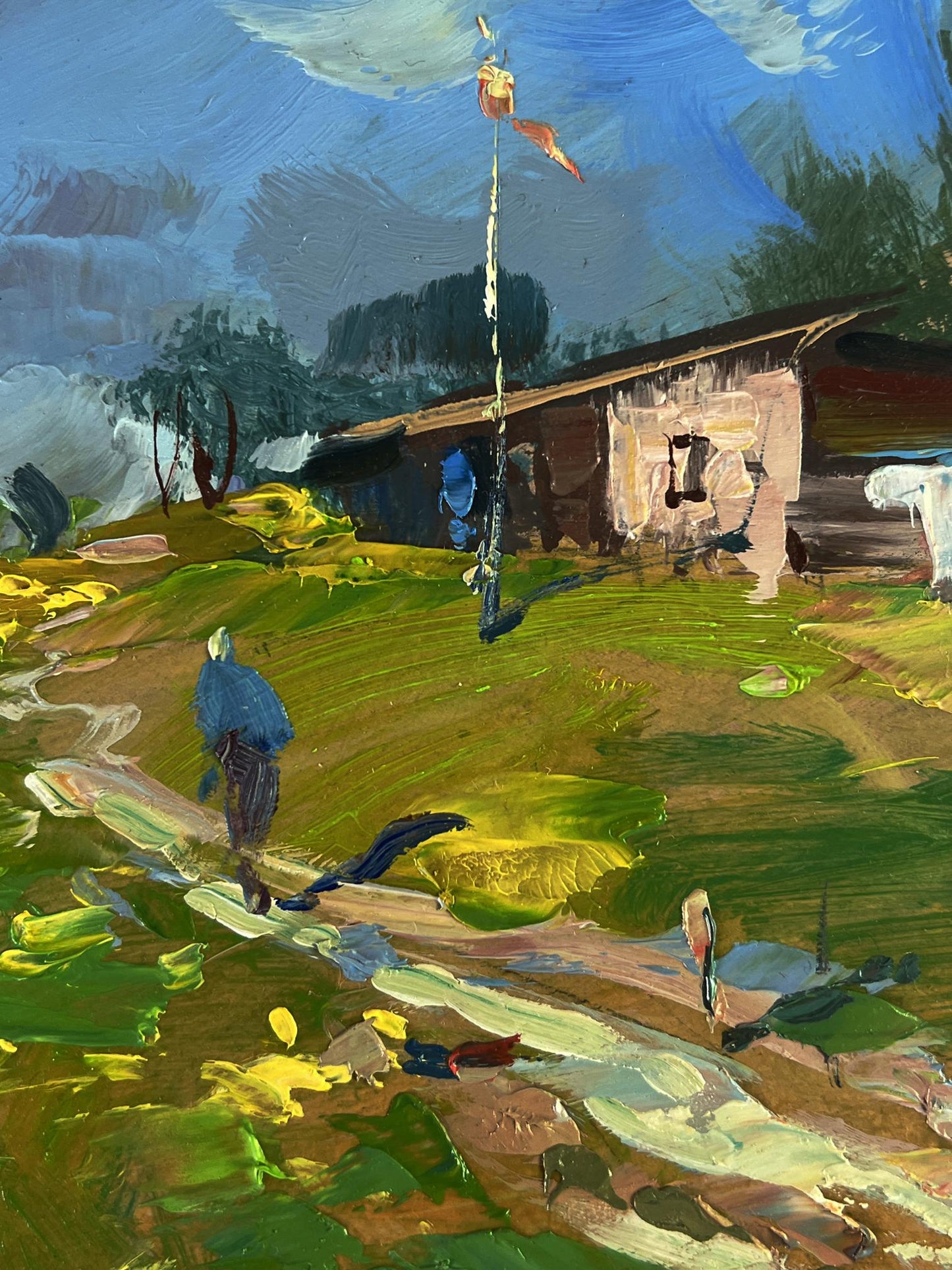 Oil painting The way home by Yuriy Suprunchuk: rustic wooden house under blue sky