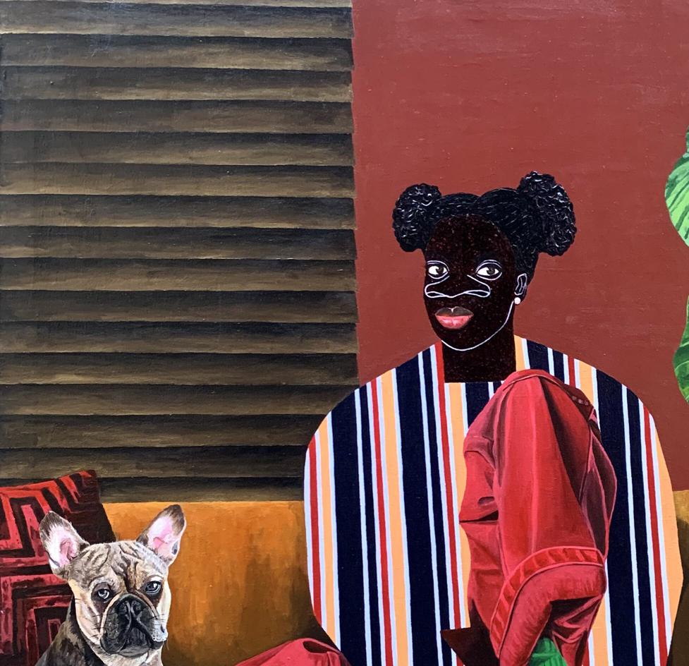 Solemn dialogue acrylic painting by Akintomide Akinshola of dark-skinned woman