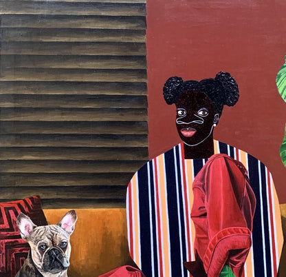 Solemn dialogue acrylic painting by Akintomide Akinshola of dark-skinned woman