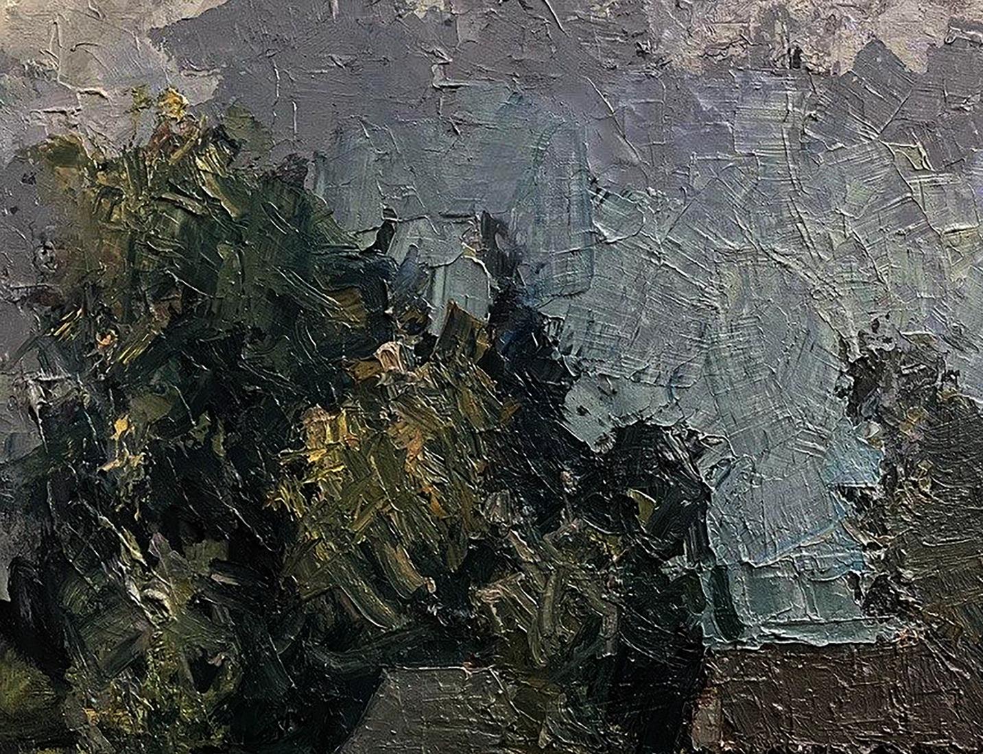 Textured oil painting of houses by forest by Volodymyr Pashchenko