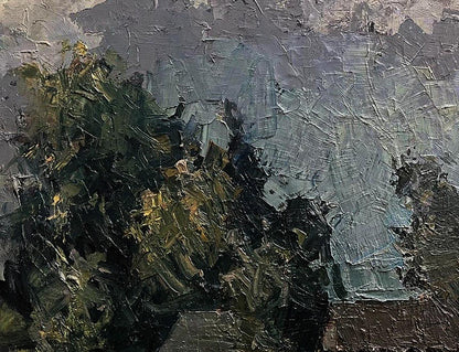Textured oil painting of houses by forest by Volodymyr Pashchenko