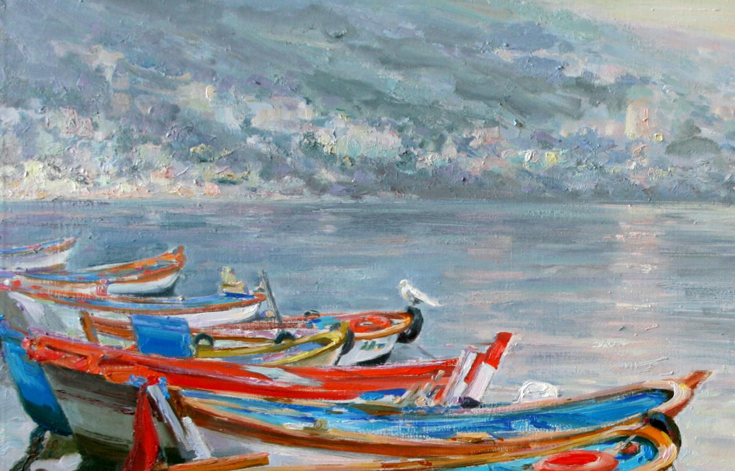 Oil painting of colorful boats by Leonid Pavlenko