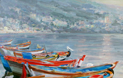 Oil painting of colorful boats by Leonid Pavlenko