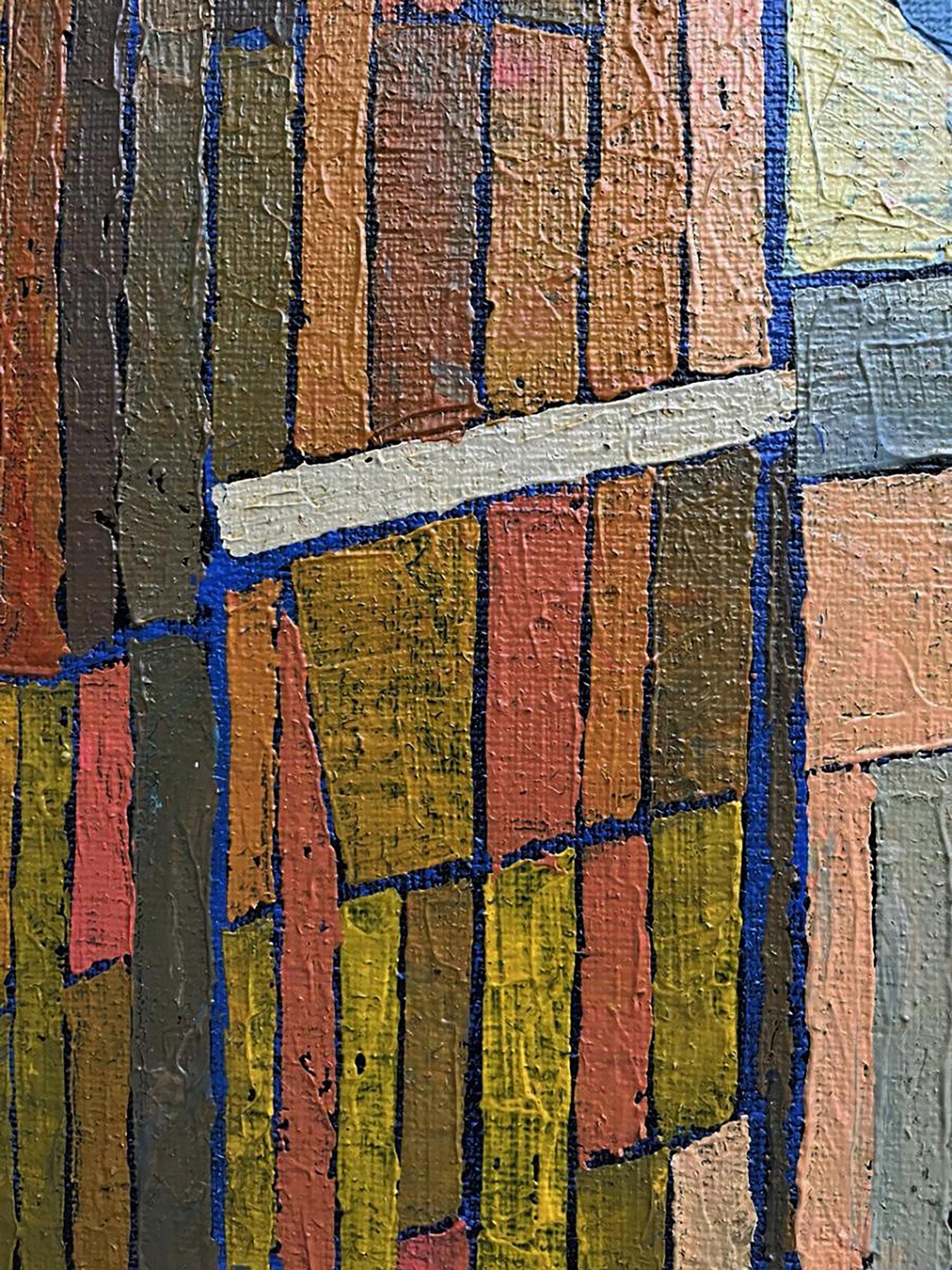 Oil painting Industrial part by Serhiy Kovalev with earthy brushstrokes and blue lines