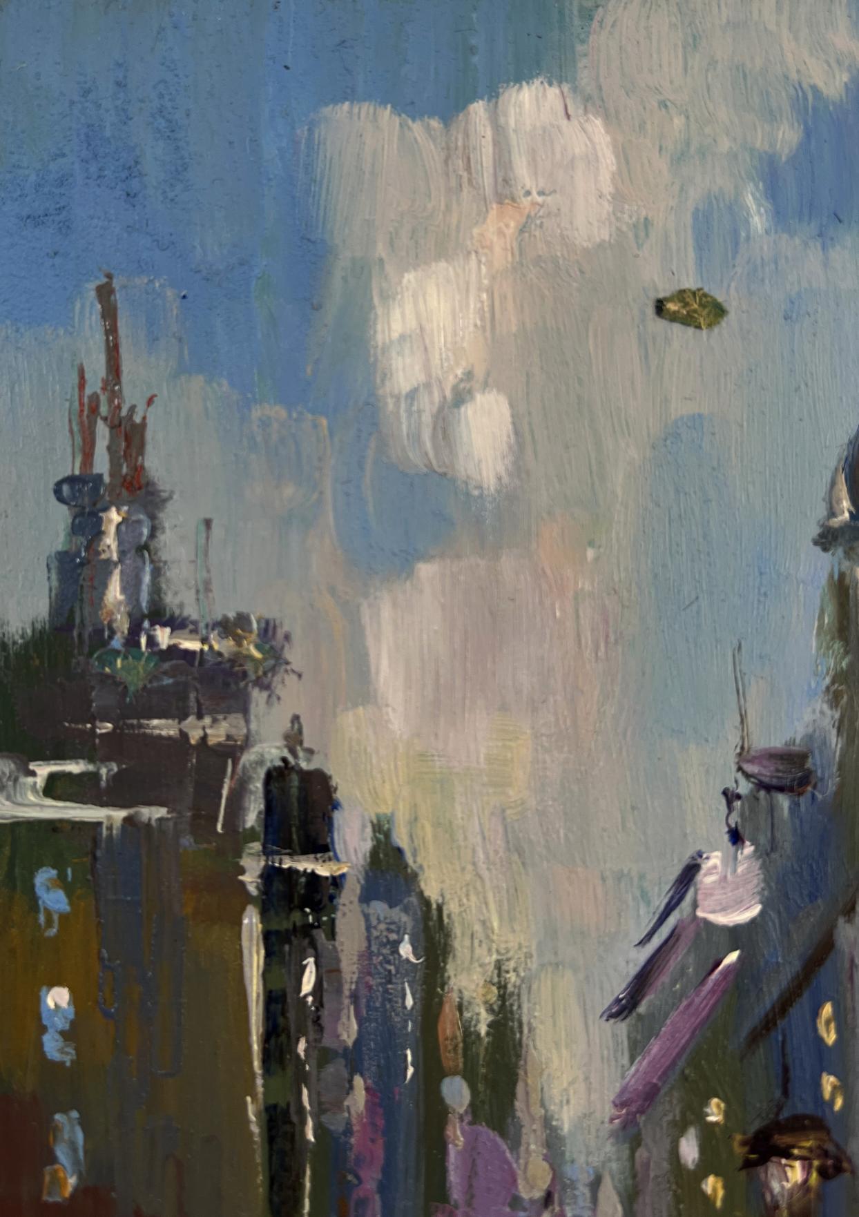 Abstract oil painting of rainy city dynamics by Yuriy Suprunchuk