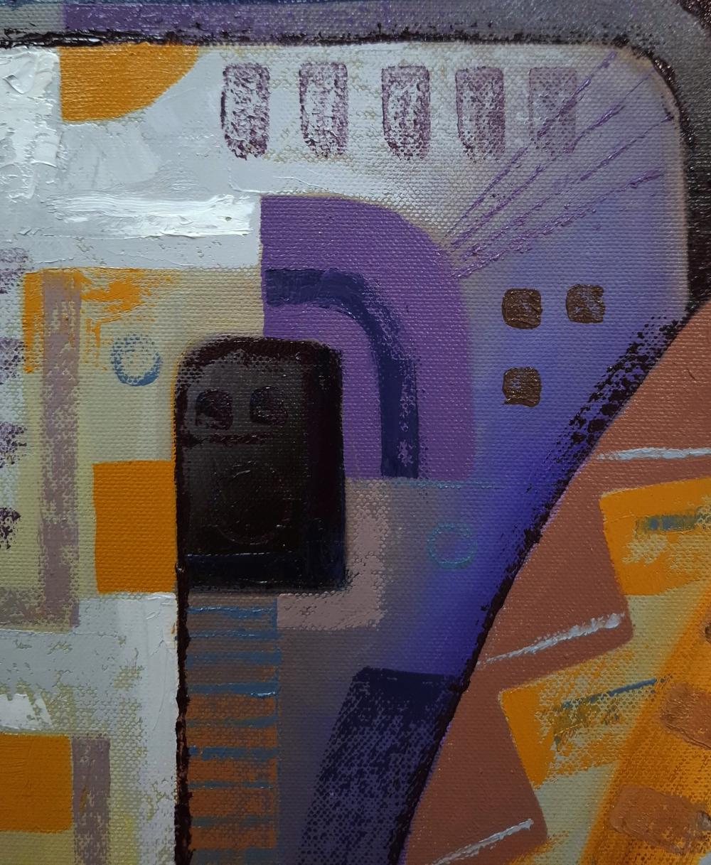 Oil painting Walking in the Labyrinth by Sergiy Voichenko with purple orange white geometric shapes