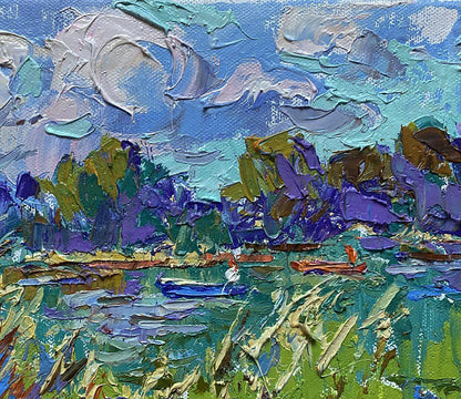 Vibrant Oleksiy Ivanyuk oil painting Among the reeds: impressionist lakeside with boats