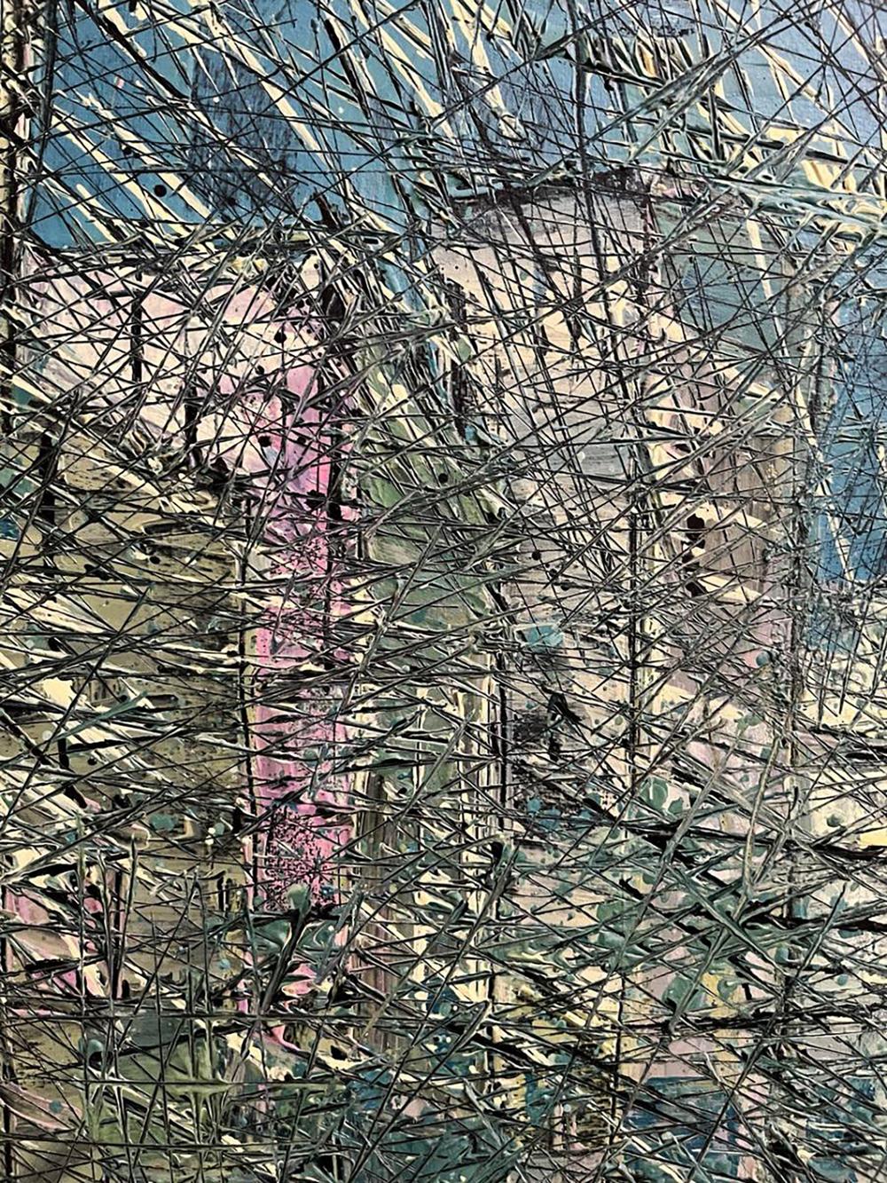 Oil painting Porto by Serhiy Kovalev: chaotic dark lines on blurred pastel tones