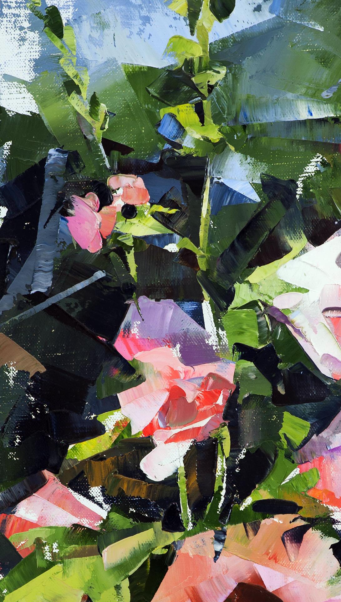 Oil painting of vibrant pink and white flowers by Volodymyr Gluhomanyuk