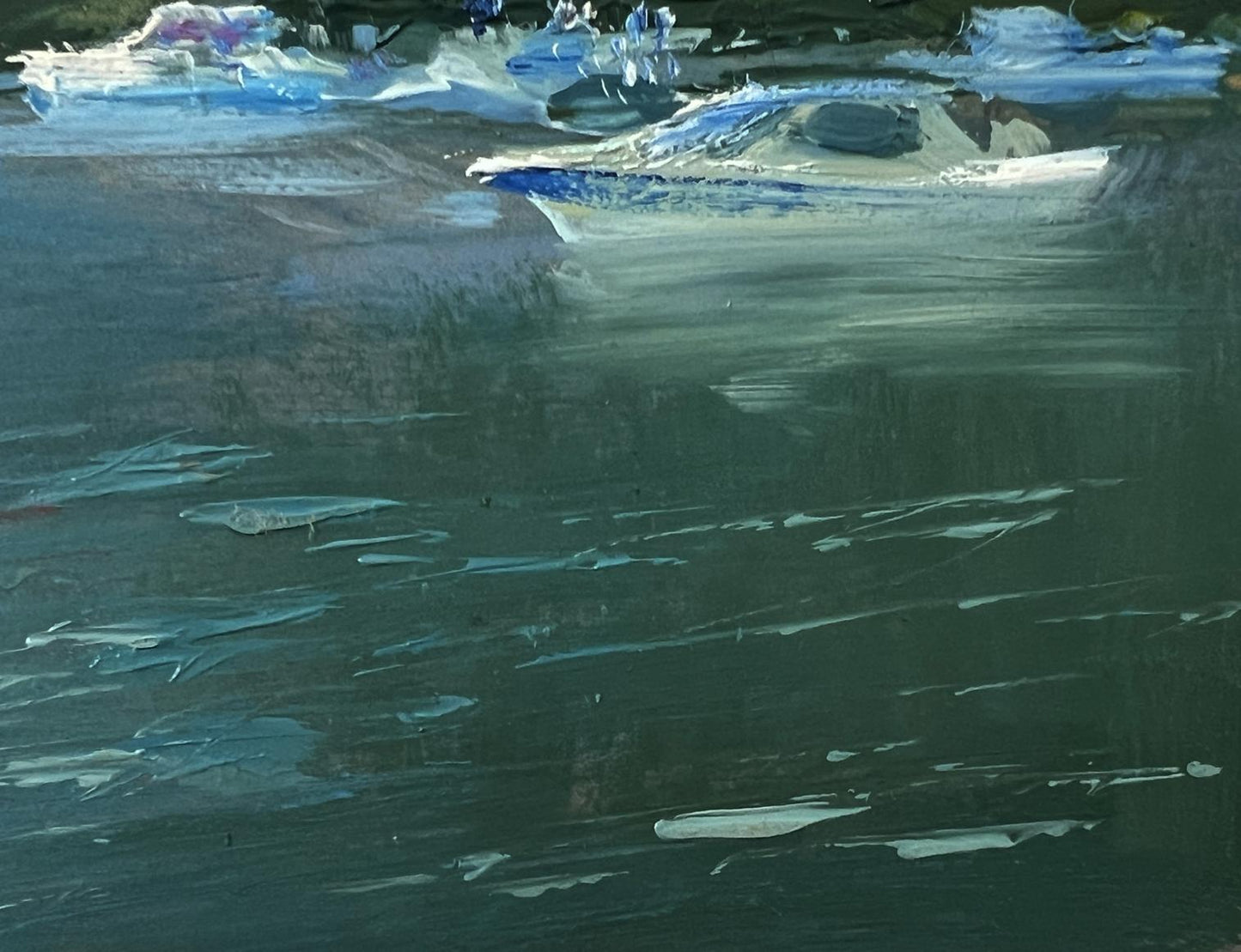 Textured impressionistic oil painting of boats near mountains by Yuriy Suprunchuk
