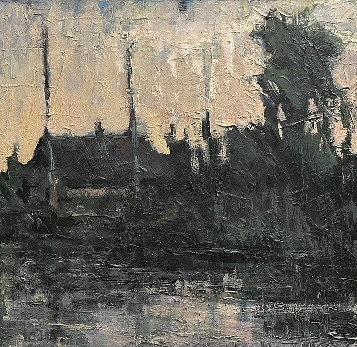 Oil painting Village River by Volodymyr Pashchenko, moody impasto landscape
